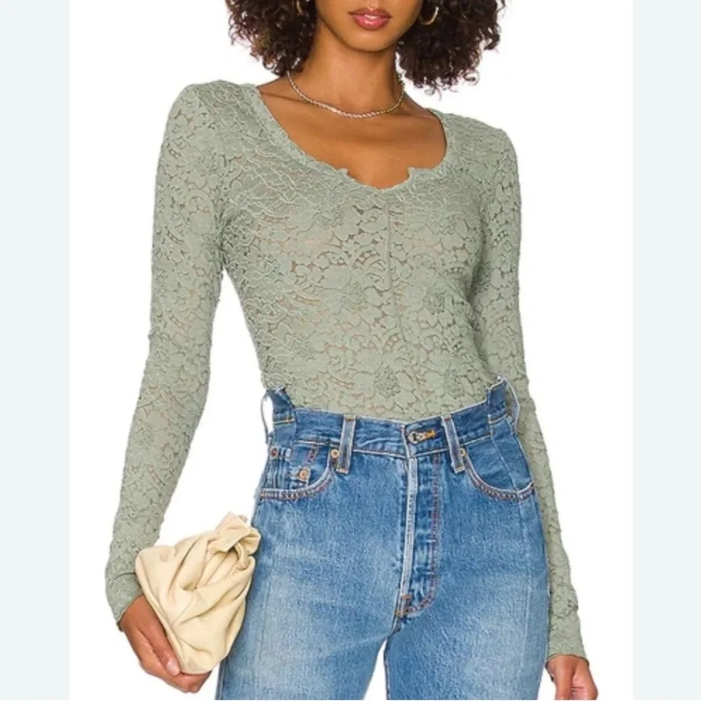 NWOT | Free People | Cloud Ride | Lace | Notch Neck | LS | Sage | XS